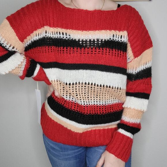 Lumiere Women's Red, White and Pink Stripe Open-Knit Sweater Size Large - Picture 1 of 8